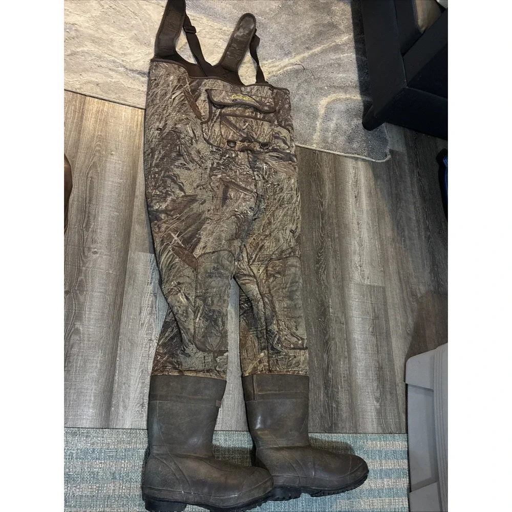 Cabela's Dry Plus Camo Shadowgrass Overalls Waders Size 10R Boots READ